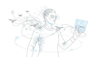 Woman Holding Smartphone with Creative Surroundings.