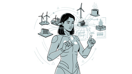 Woman interacting with futuristic technology icons.