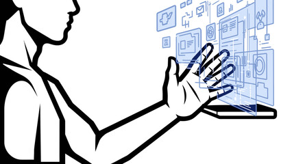 Woman interacting with digital interface illustration.