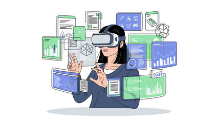 Woman using virtual reality headset with floating screens.