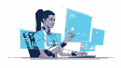 Woman Working on Computer with Digital Screens.