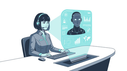 Woman Working on Computer with Virtual Assistant.