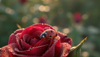 Vibrant Red Rose Petals Adorned with Dew Drops and a Ladybug in Soft Morning Light