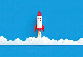 Cartoon rocket ship launching through clouds on a vibrant blue background