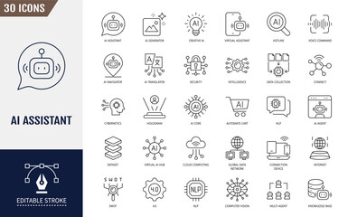 AI assistant icon set. Ai, assistant, support, chatbot, service, communication, and more. Editable stroke. Vector illustration