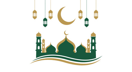 Fototapeta premium Large mosque with multiple minarets and hanging lanterns with a golden crescent moon