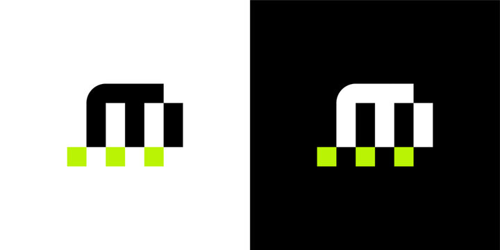 Modern Geometric 'M' Logo Design with Green Pixel Accents