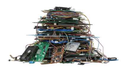 Pile of Electronic Circuit Boards and Cables Isolated on Transparent Background