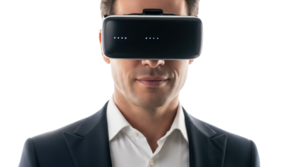 Man in VR headset wearing suit, isolated on transparent background
