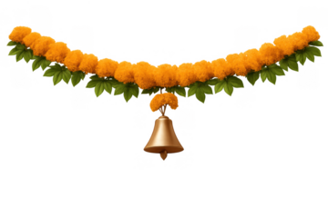 Traditional marigold garland toran with golden bell, symbolizing indian festival decoration and hindu cultural celebration, transparent background