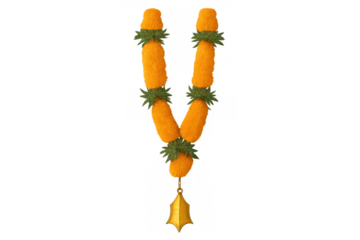 Marigold garland with golden bell for hindu festivals like diwali and pooja, traditional indian decoration on transparent background