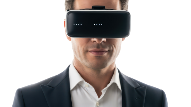 Man in VR headset wearing suit, isolated on transparent background - Powered by Adobe