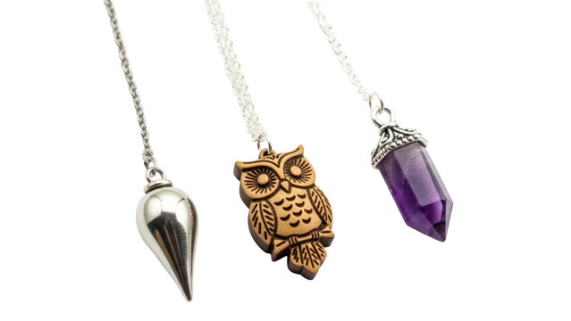 Three Pendants: Pendulum, Owl, Crystal isolated on transparent background