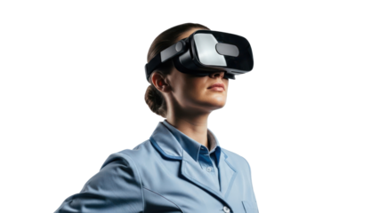 Woman wearing VR headset, isolated on transparent background