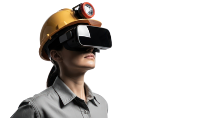 Miner wearing VR headset isolated on transparent background