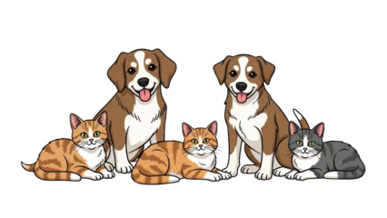 Cute Group of Dogs and Cats Together, Isolated on Transparent Background