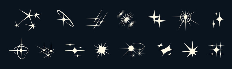 Star light symbol set with twinkles, sparks and firework shine. Clean flat icons radiate luxury and energy. Ideal for galaxy themed designs, packaging or festive posters. © Azat Valeev