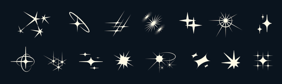 Star light symbol set with twinkles, sparks and firework shine. Clean flat icons radiate luxury and energy. Ideal for galaxy themed designs, packaging or festive posters.