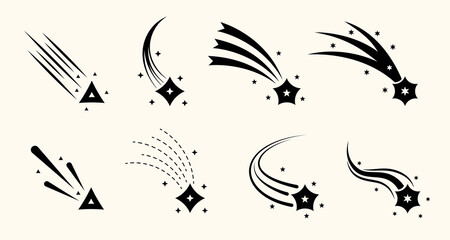 Vintage comet and shooting star icons with trailing tails and cosmic silhouettes. Elegant Y2K flat vector set for fantasy designs, galaxy themes or Christmas decoration packs. © Azat Valeev