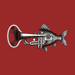 Creative surreal vector illustration of a fish combined with a trumpet in vintage engraved style. Suitable for poster art, music themed prints and conceptual branding. © Sona Ako