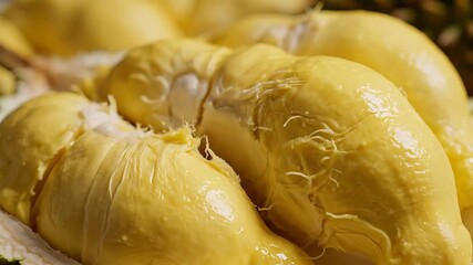 A vibrant closeup view of freshly opened durian fruit revealing its rich creamy yellow flesh showcasing the unique texture and inviting appearance of this popular tropical delicacy ready to be enjoye.