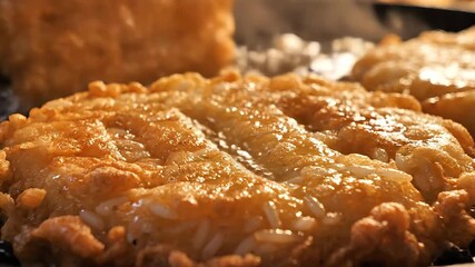 Captivating closeup of perfectly fried goldenbrown food possibly crispy chicken or fritters glistening with a delicious glaze or oil showcasing an irresistible texture and appetizing appearance ideal.