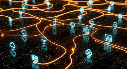 Abstract Network Communication with Neon Icons, Connectivity, and Global Connections for a Modern Technological World