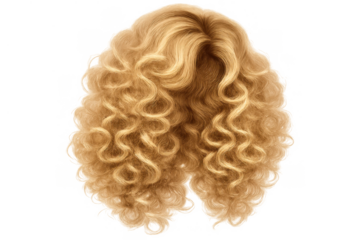 Blonde curly wig with voluminous golden hair ringlets, perfect for fashion, costume, and beauty concepts, transparent background