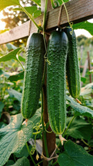 Fresh cucumbers growing on vine in garden with morning sunlight