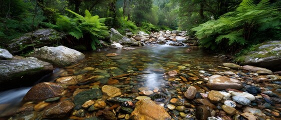Rushing mountain stream with crystal clear water flowing over rocks nature wilderness freshness landscape photography