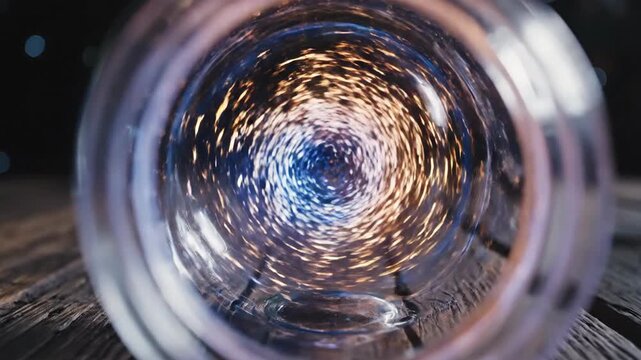 Glass sphere on wooden table reflecting light.