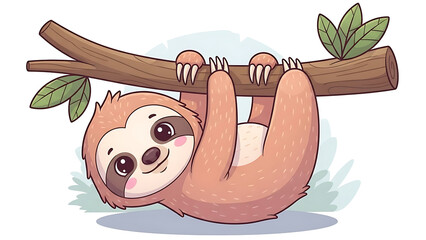 Obraz premium Adorable cartoon sloth hanging from a branch with leaves.