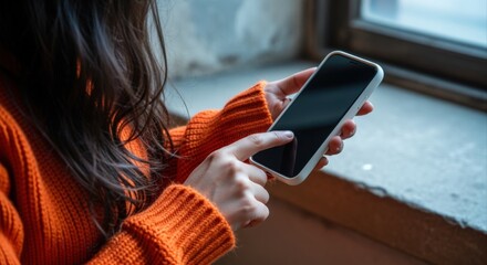 Woman using smartphone at home, browsing or texting on mobile device, lifestyle concept