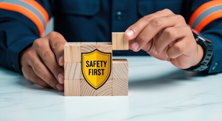 Worker completing safety first blocks tower to promote workplace safety and accident prevention in construction