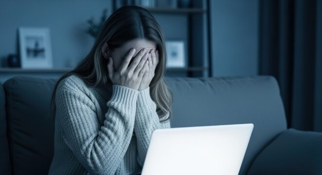 Upset Woman Covering Face While Using Laptop Computer at Night in a Dark Room
