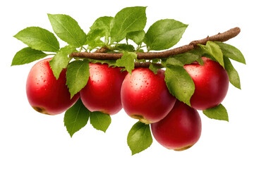 Red apples hanging on a branch with green leaves, fresh organic fruit showing healthy eating and harvest concepts