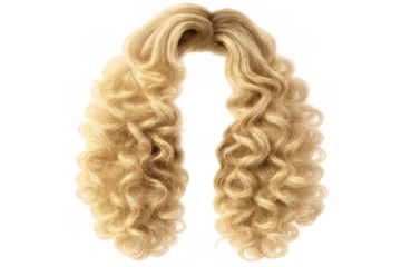 Long blonde wig with flowing curly hair, adding beauty and style, a fashion accessory on transparent background