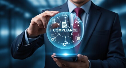 Business professional presents digital compliance hologram showcasing regulation, policy adherence and risk management strategies