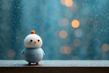 Tiny minimalist snowman on windowsill frosted glass background peaceful winter mood cozy holiday photography charm