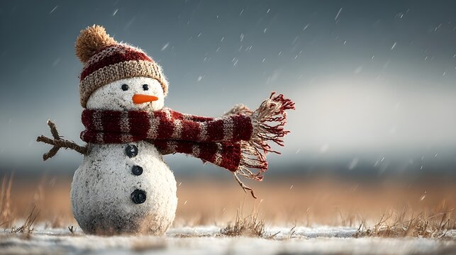 Snowman with scarf blowing in wind open winter plain dynamic scene holiday photography motion mood