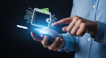 Digital Wallet Concept: Man Interacting with Virtual Wallet on Smartphone for Secure Online Transactions