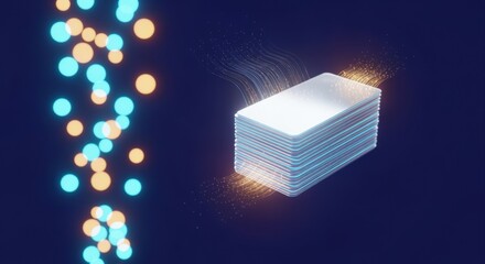 Abstract Data Storage: Stacked Information Technology with Glowing Particle Effects on a Dark Blue Backdrop