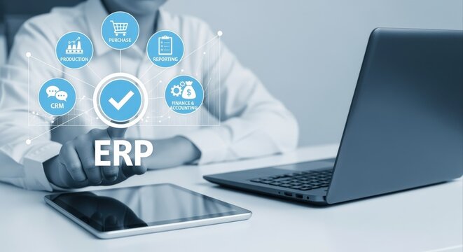ERP System Implementation: Person Pointing at Digital Interface for Enterprise Resource Planning Software on Tablet and Laptop - Powered by Adobe