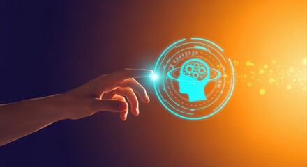 Human Hand Touching Digital Hologram of Head with Gears - Concept of Artificial Intelligence