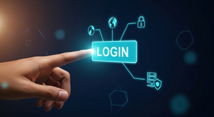 Fototapeta premium Finger Tapping Login Button on Holographic Interface: Digital Security, Authentication and Access Concept