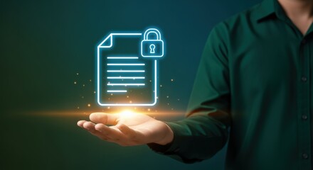 Secure Digital Document: Man Holding Holographic File with Padlock Icon for Data Protection