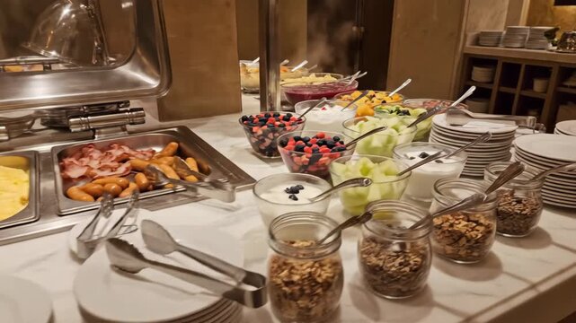 Hotel breakfast buffet setup 4K video. A hotel breakfast buffet displays trays of fresh food with serving utensils neatly arranged, ready for guests in a bright dining area.