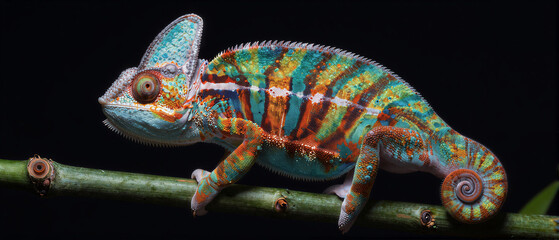 Vibrant panther chameleon perched on a green branch
