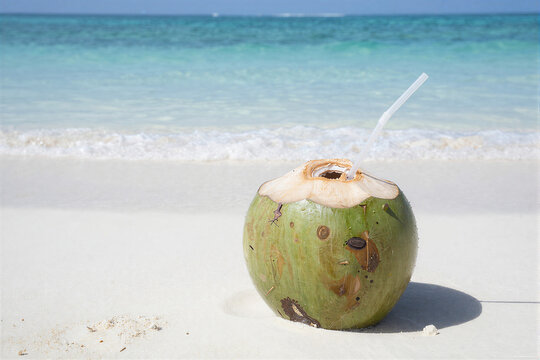 Fresh Green Coconut Drink on White Sand Beach