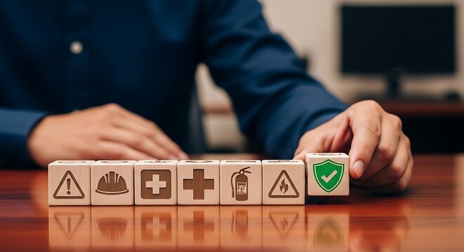 Safety and health at work concept, man arranging wood blocks with safety icons.
